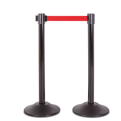 Premium Black Steel Safety Stanchion with 7.5' Foot Retractable Belt (Black Post/Red Belt)