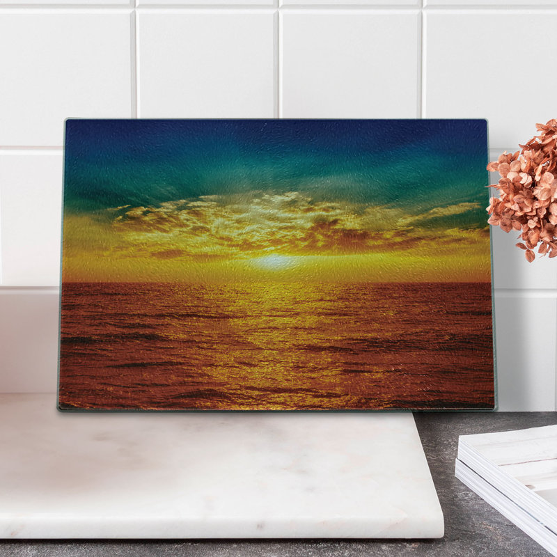 Ambesonne Exotic Tempered Glass Cutting Board Sunset Seaside Clouds Multicolor
