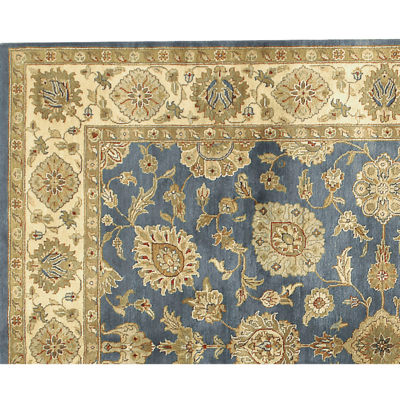 Hand Knotted Wool Oriental Area Rug in Teal/Cream, Rectangle 11' x 18'