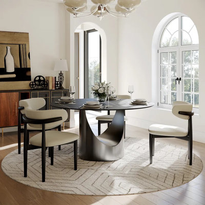 Modern Sintered Stone Round Dining Table with U-shaped Leg, Seats 4 to 6, Kitchen Table for Living Room