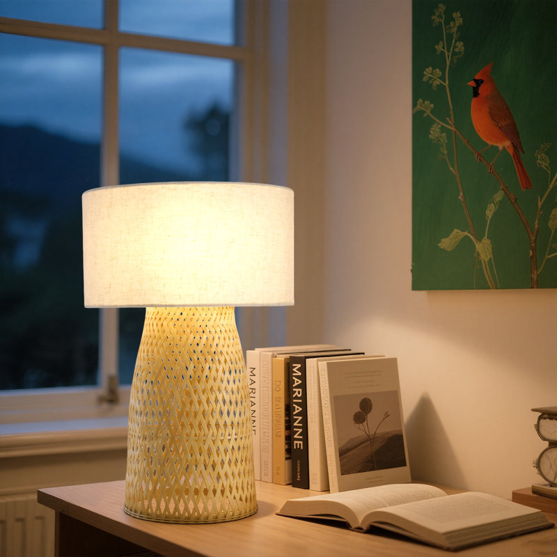 Set Of 1 Mid-century Woven Bamboo Table Lamp, Beige