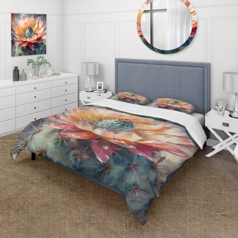 Ensemble de housse de couette en microfibre / polyester orange-vert Cactus Flower III