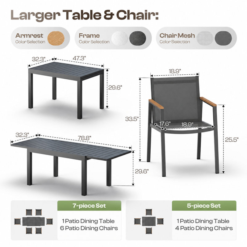 Ensemble de salle à manger de patio en aluminium pour 6 personnes avec table rectangulaire extensible et chaises en textilène