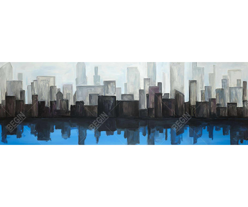 Toile bleue avec vue sur la ville | Décoration murale contemporaine encadrée