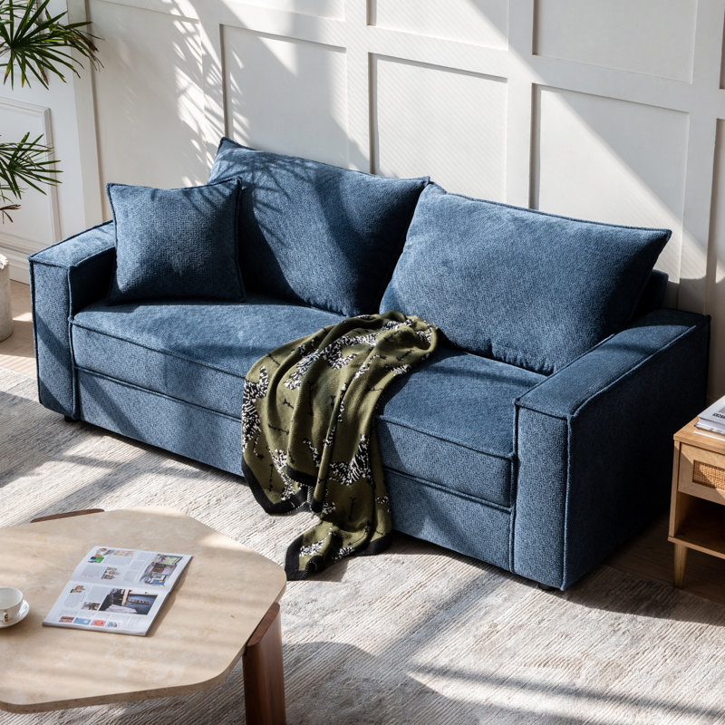 Canapé rembourré 3 places 79,5 po avec accoudoirs carrés et 2 coussins Alcantara, Bleu