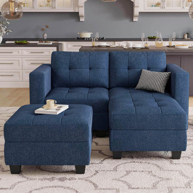 Canapé-lit modulaire rembourré en polyester avec rangement capitonné 63,8 po Ayden Hunsicker, Mélange de lin bleu