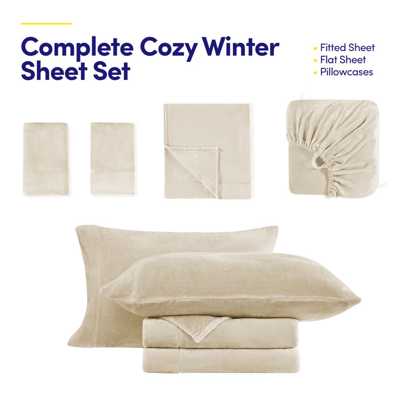 Ultra Soft Microplush Solid Fleece Sheet Set - Queen, Beige, Queen Sheet Set with 2 Pillowcases, Beige