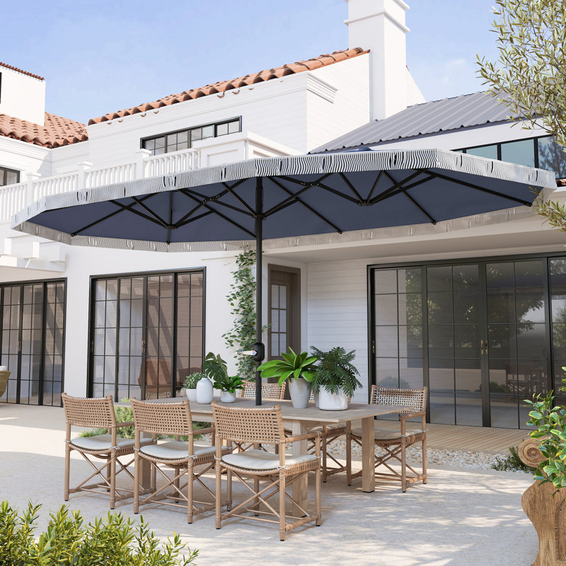Parasol d'extérieur très grand 15 pi UPF30 + avec frange et manivelle, bleu foncé, Dark Blue