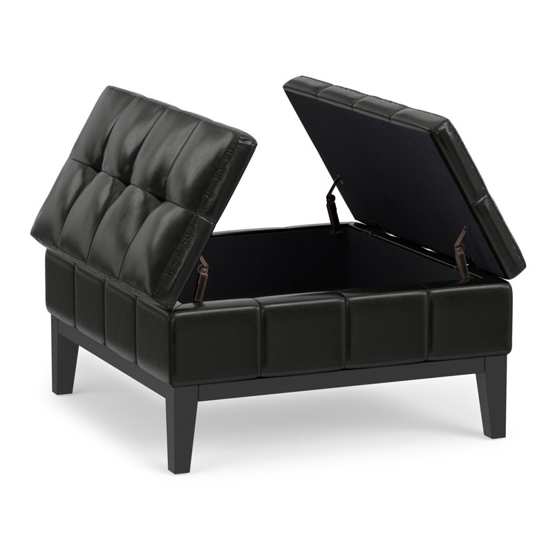 Dover 36"W Upholstered Vegan Leather Contemporary Square Coffee Table Storage Ottoman with Split Lift-Top, Midnight Black