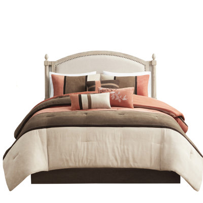 King Size Coral Bedding - Faux Suede Comforter With Pieced Details In Matching Shams & Pillows