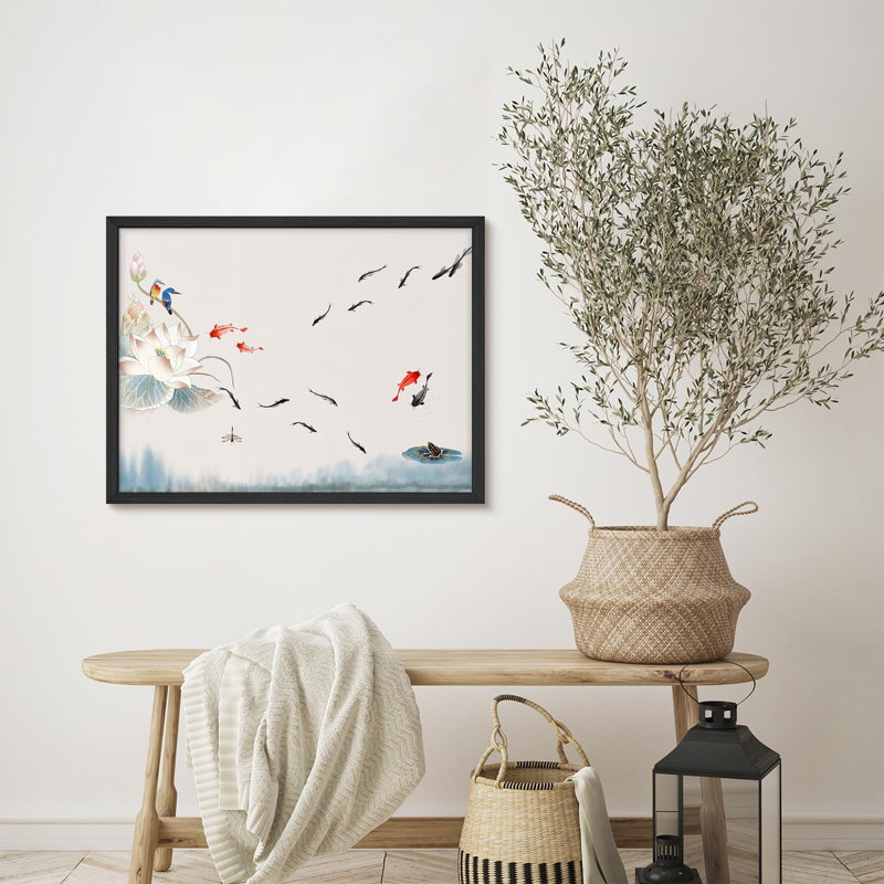 «Lotus Flower with Colorful Koi Fish and Kingfishers in Tranquil Pond Prints», affiche encadrée rustique, H 11 po x l 14 po