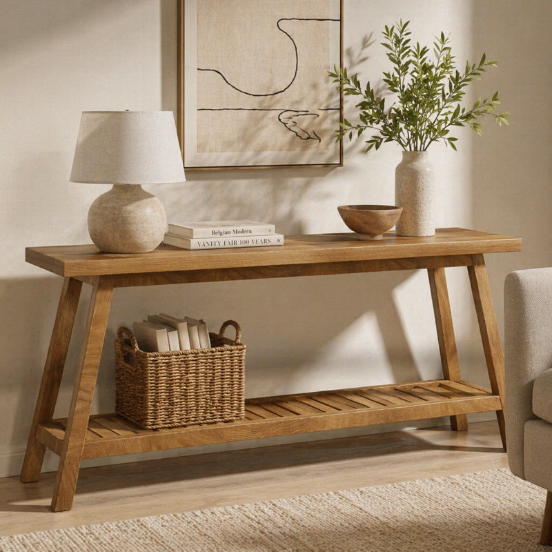 TwoTier Side Table,Unique Entryway Table,Functional Console Table, 31.52" H x 70.92" W x 11.82" D, Brown / Light Brown