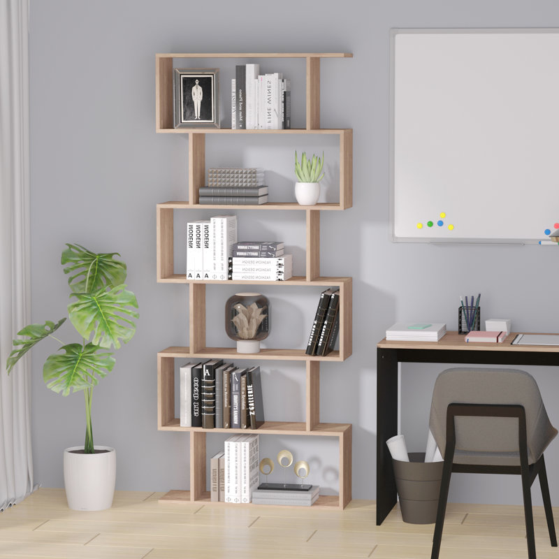Tabitha 6 Tier Wooden Modern S Shaped Shelf Storage Unit Home Office, Brown