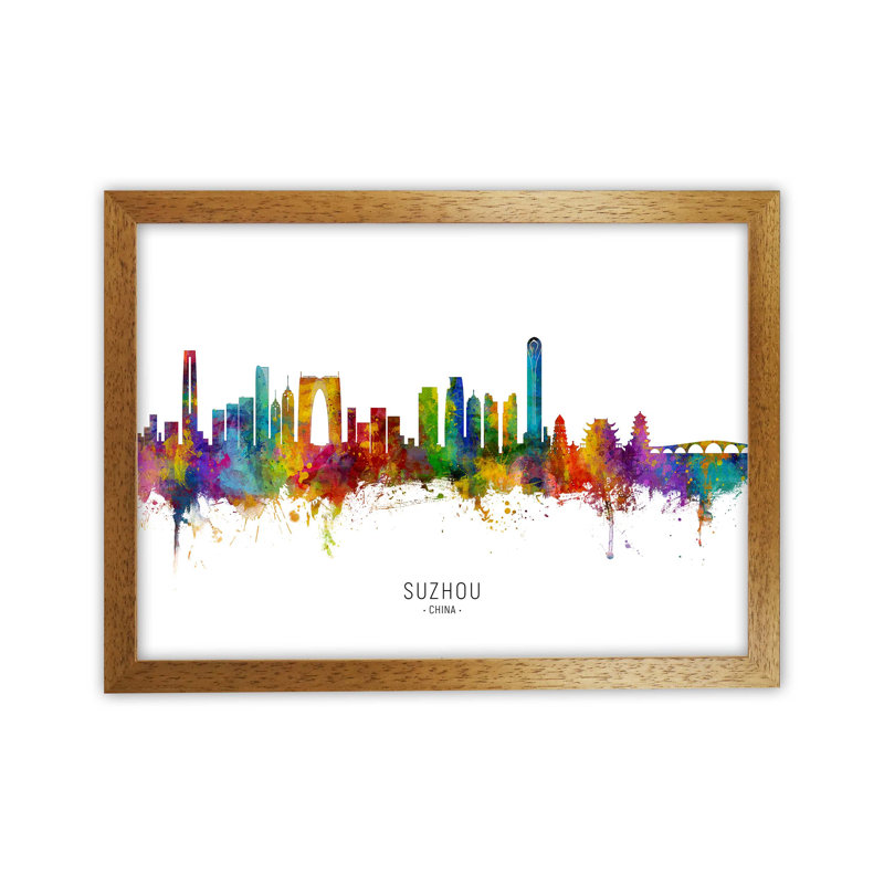 Suzhou China Skyline by Michael Tompsett - Print, Brown Framed, 25cm H x 34cm W x 3cm D