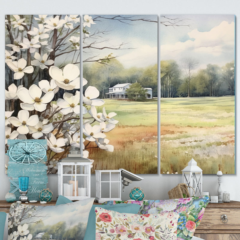 Cornouiller blanc et gris à la ferme I - Ensemble d'impressions sur toile florales, H 32 po x l 48 po x P 1 po
