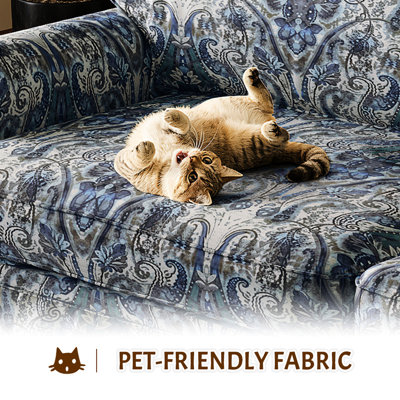 93.7 - Inch 4 Seater Fabric In Blue Floral, Rolled Arms, Pleated Skirt, And 26.4 Deep Seat, For A Comfortable Office Floral Fabric, Classic , Built For Comfort Style