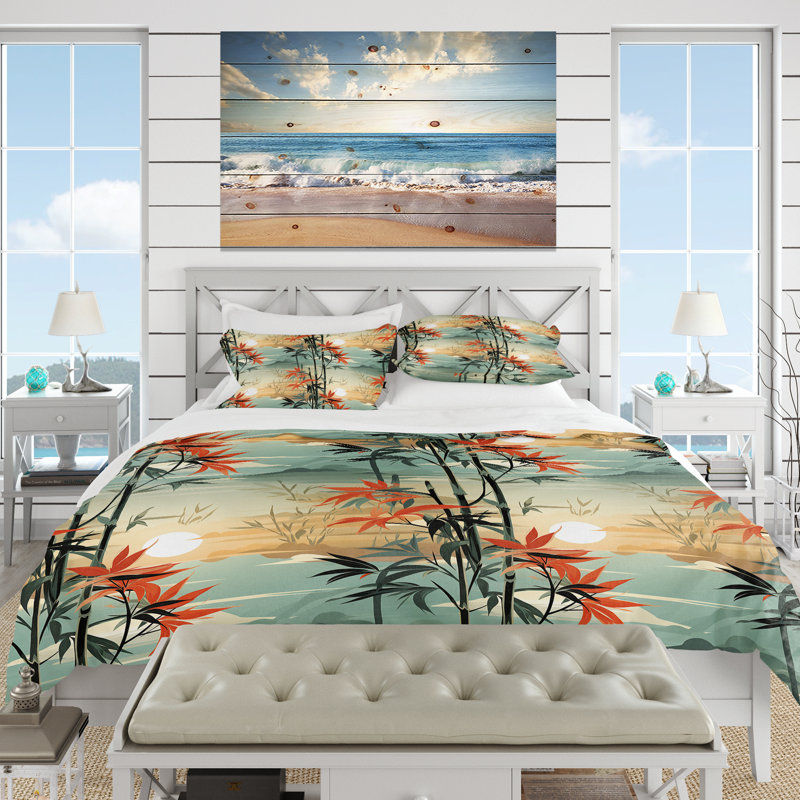 Literie verte et orange en bambou Mirage, Housse de couette pour grand lit et 2 taies décor