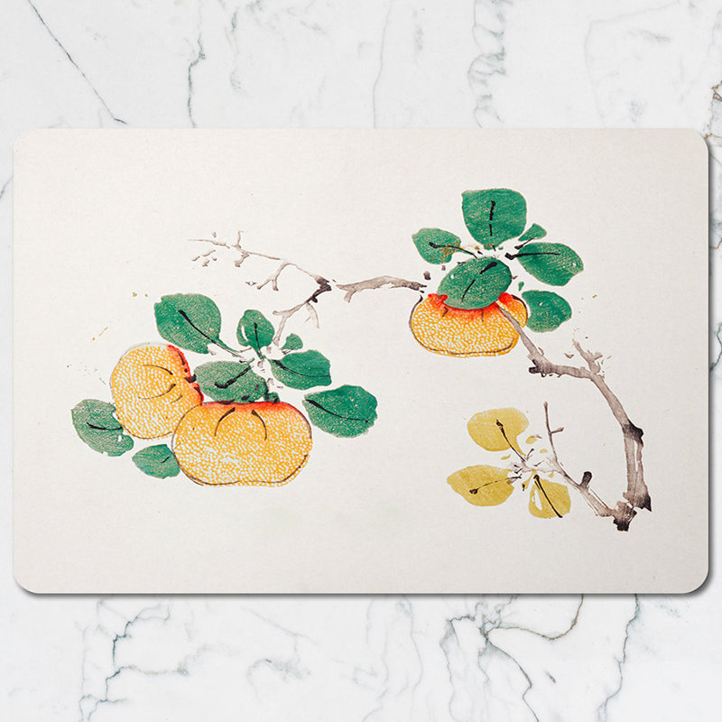 Persimmon Branch Placemat and Coaster Set with Green Leaves