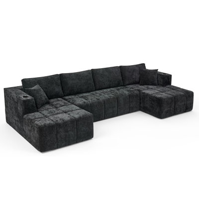 132"W U-Shaped Chenille Sectional Sofa Cloud Style Compression Sofa Couch with Cup Holders & Side Pockets for Living Room,No Assembly Required