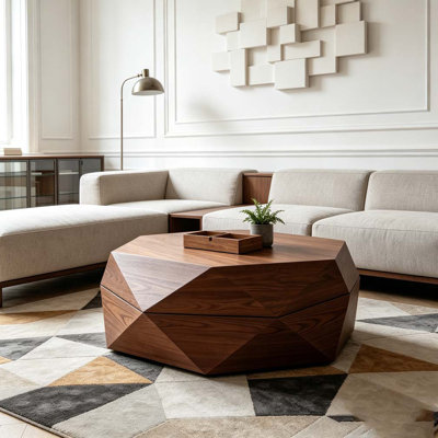 Table basse 36,61 po style rétro Polygon, table basse cylindrique en placage de bois massif