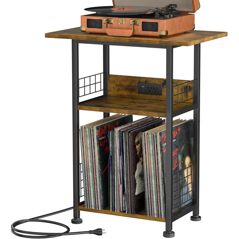 Darrius Rustic Brown Record Player Stand With Vinyl Storage And Charging Station