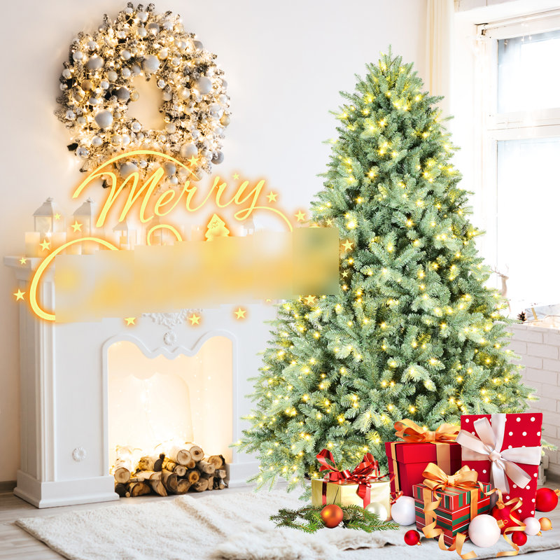 Arbre de Noël de 7 pi avec 700 lumières à DEL blanc chaud, 2518 pointes Pe +, conception à charnières pour une installation facile, support en métal pour ton de Noël, configuration des branches, base