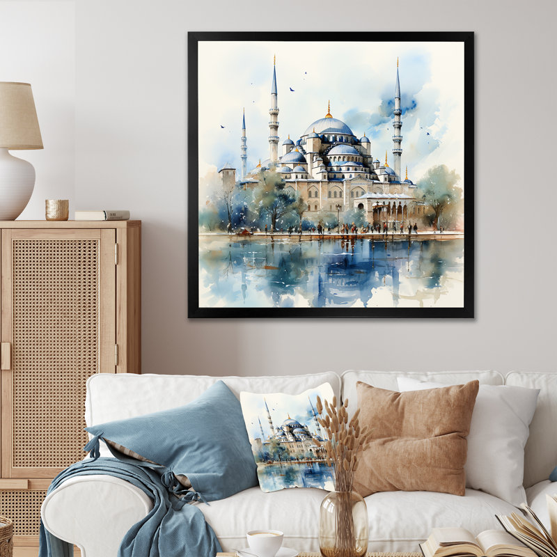 Mosquée bleue turque, «Serenity I», art mural, Cadre simple noir, H 36 po x l 36 po x P 1,5 po
