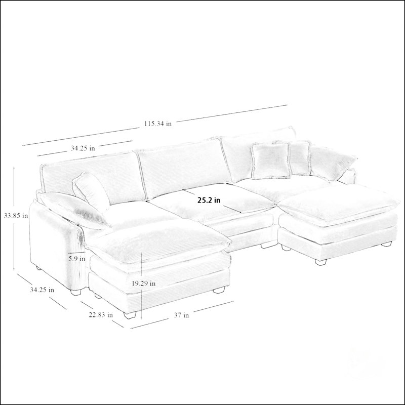 Oversized Modular Cushioned Sofa With Conversible Ottoman