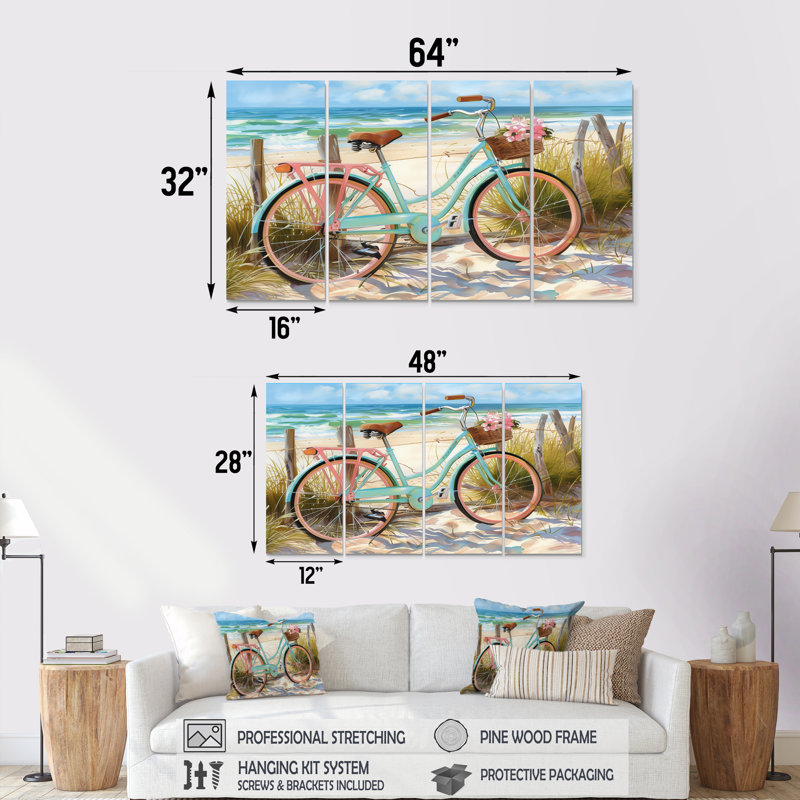 «Blue Bicycle On The Beach Pathway III», ensemble d'art sur toile côtière, 32" H x 64" W