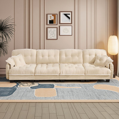 Chenille Upholstered Sofa with Quilted Tufted Cushions, Matching Pillows, Pom-Pom Trim and Reinforced Frame