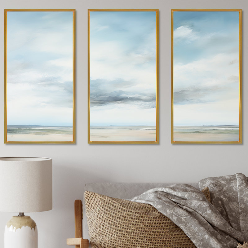 Minimalisme, ciel nuageux paysage III - ensemble d'art mural ciel, Cadre flottant doré, H 40 po x l 60 po x P 1 po