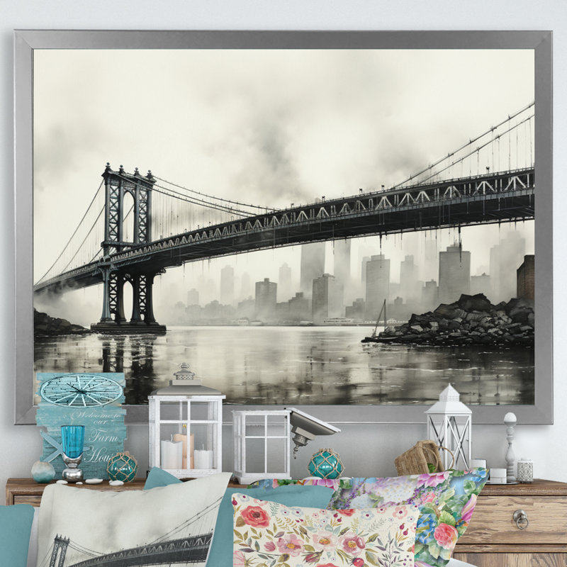 " Grey Bridge Cable Suspension Charcoal ", Silver Picture Framed, 16" H x 32" W x 1" D