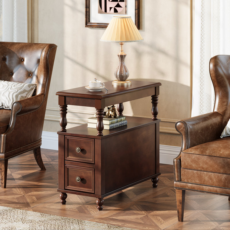 Table de bout à 2 tiroirs en bois massif avec détails cannelés, Marron foncé, 1