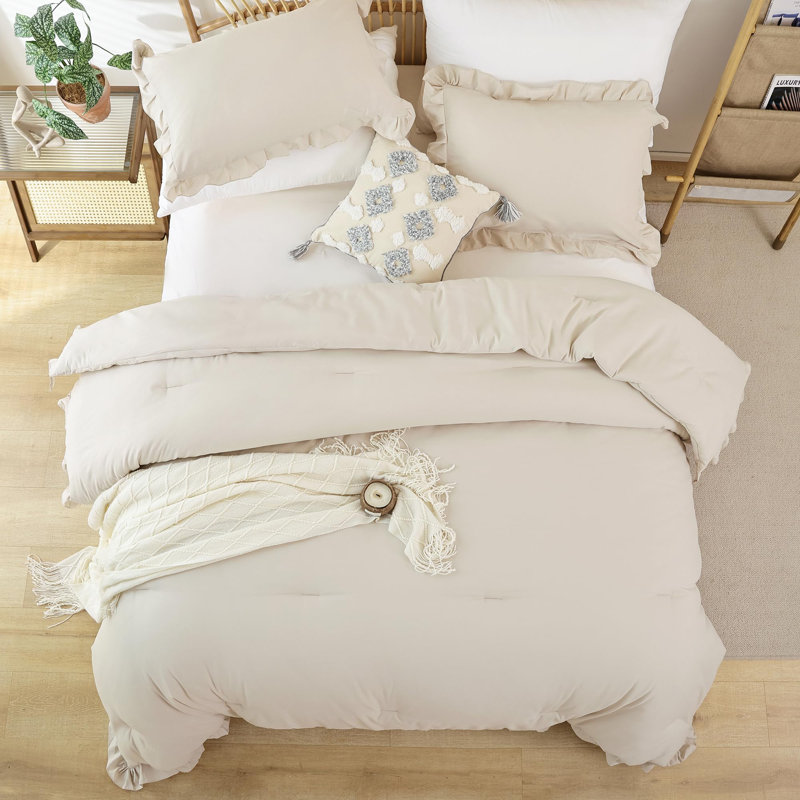 Ruffle Comforter Set 3 Pieces-Bedding for All Seasons Fluffy Vintage Farmhouse Comforter With Two Pillowcases, Beige