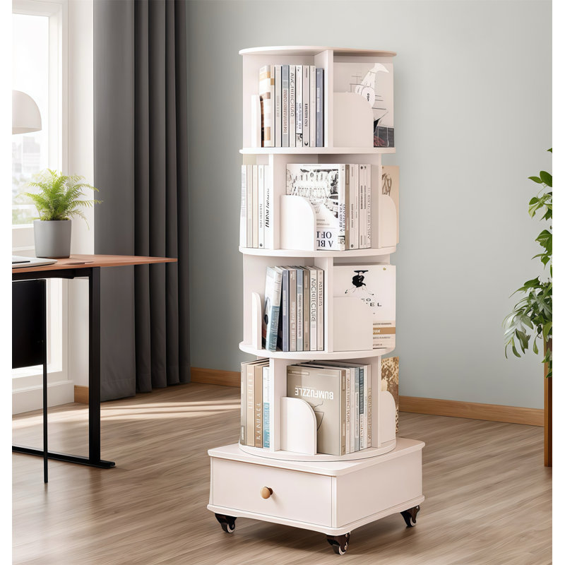 Bibliothèque rotative avec tiroir, (5 tablettes) H 57 po x l 18,11 po x P 18,11 po, Blanc