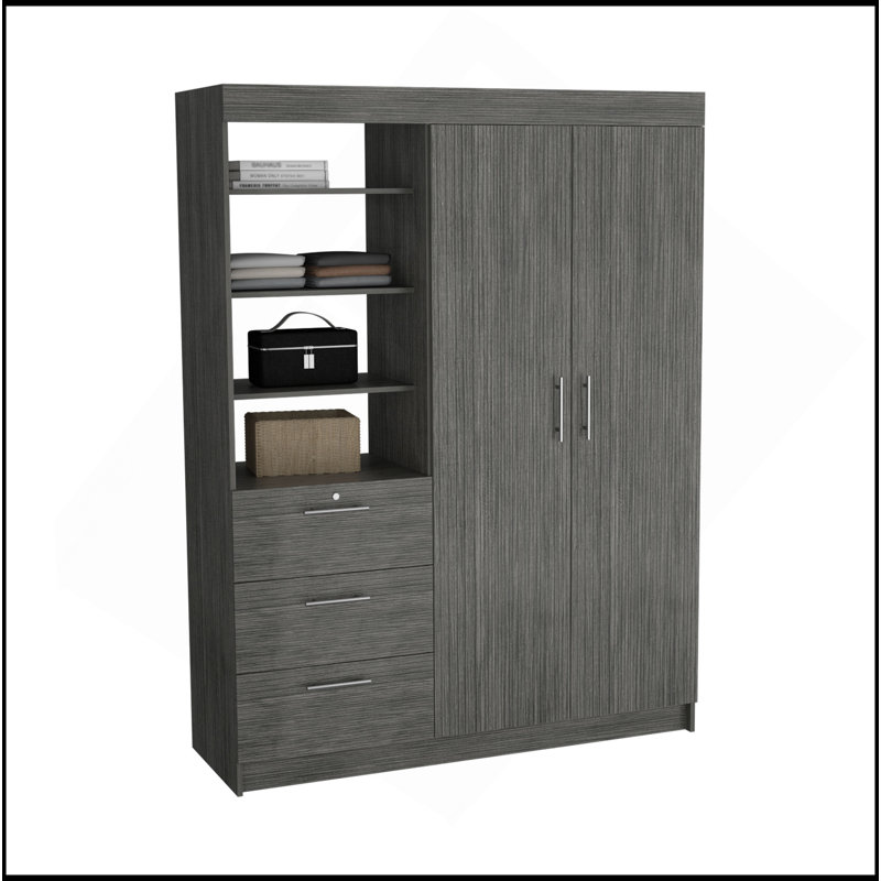 Armoire 3 tiroirs Kenya, double porte, 3 tablettes en chêne fumé