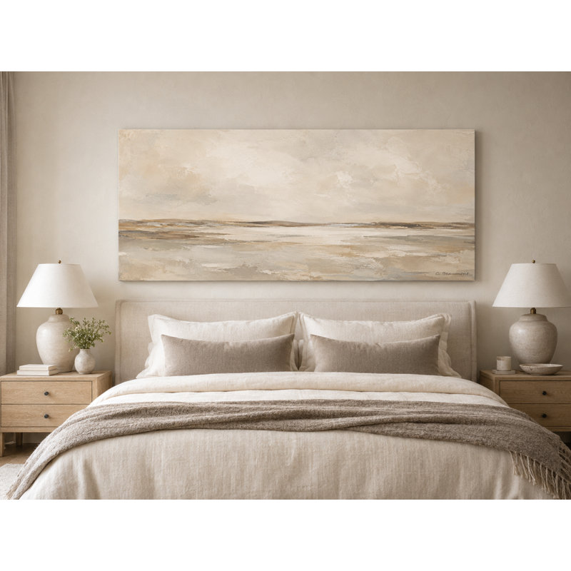 Paysage côtier ivoire et taupe enveloppé à Ingeburg, L 55 po x H 27,5 po x P 1,5 po