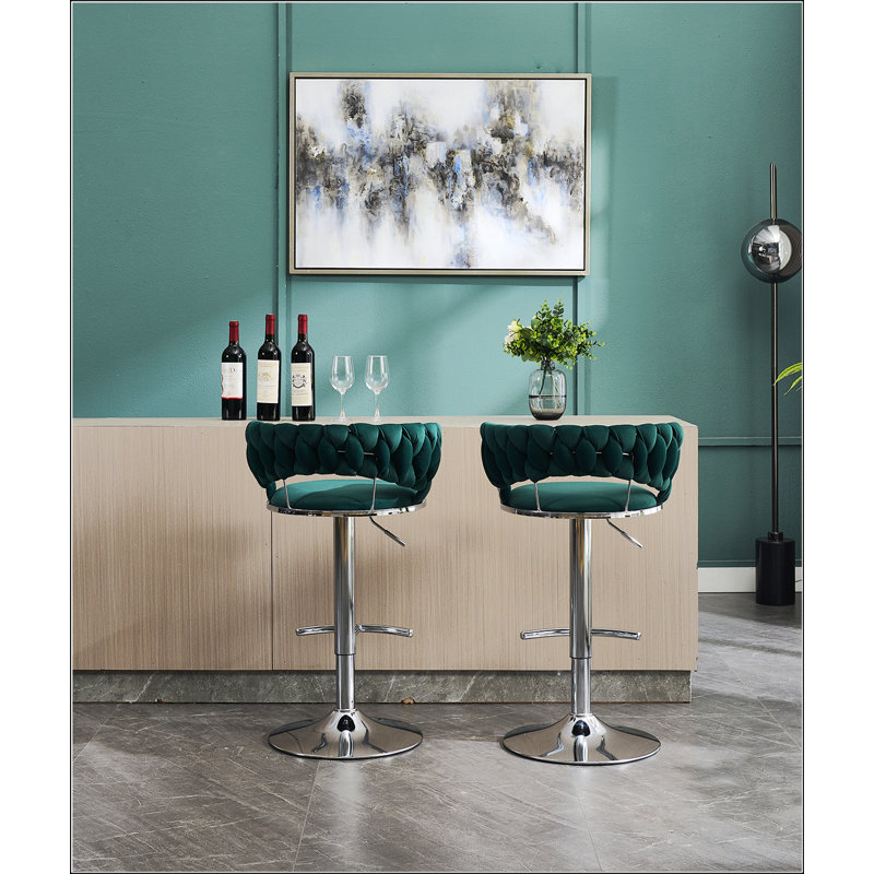 Set of 2 Adjustable Swivel Bar Stools with Chrome Footrest and Base, Velvet Upholstered for Comfort and Style, Green, Green