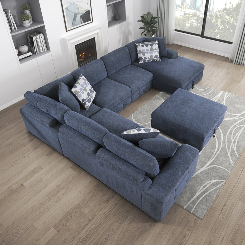 Canapé-lit modulaire en chenille 5 pièces avec méridienne et repose-pieds avec rangement Odesser, Chenille bleu