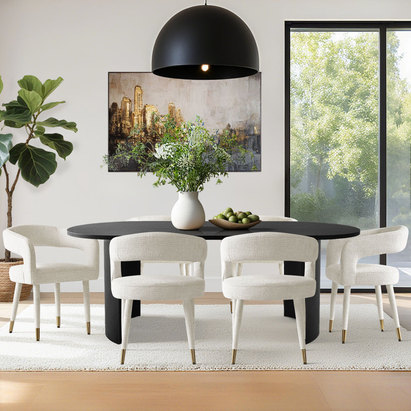 7-Piece Modern Dining Set with 79" Oval Table and Upholstered Chairs, Offwhite
