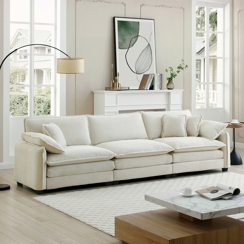 Canapé modulaire Mid-Century 3 places avec 2 coussins et 3 coussins décoratifs en velours côtelé, Beige