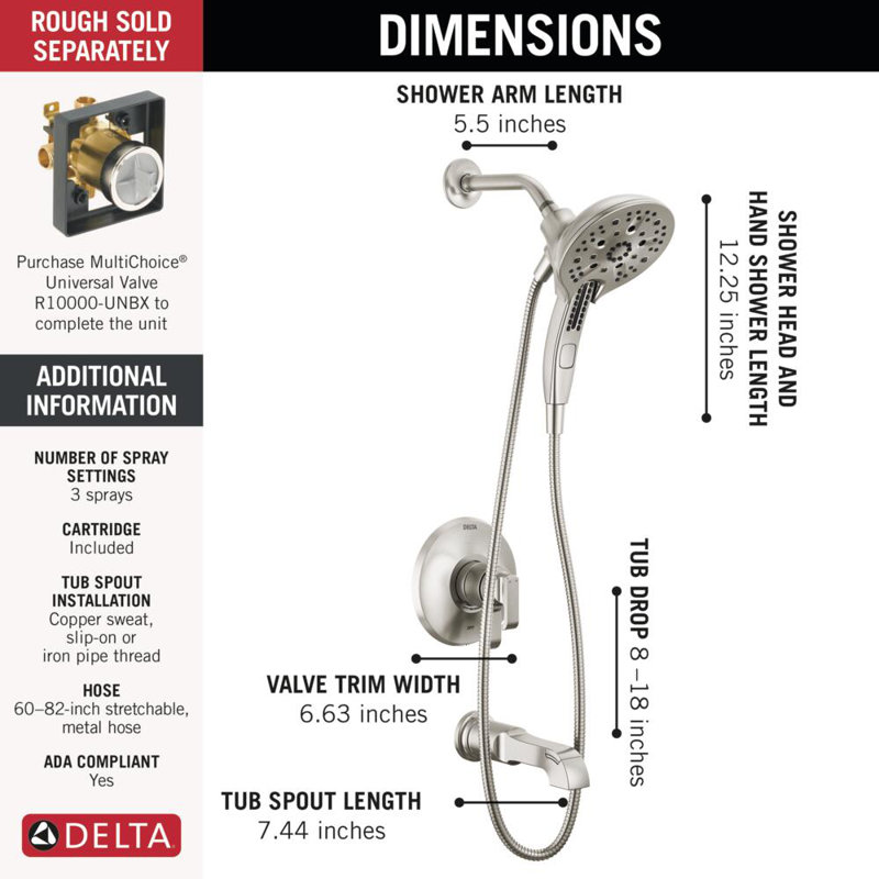 Tetra 17 Series Dual-Function Bathtub Faucet Trim, In2ition Shower Head with Handheld Spray Trim Kit, Chrome