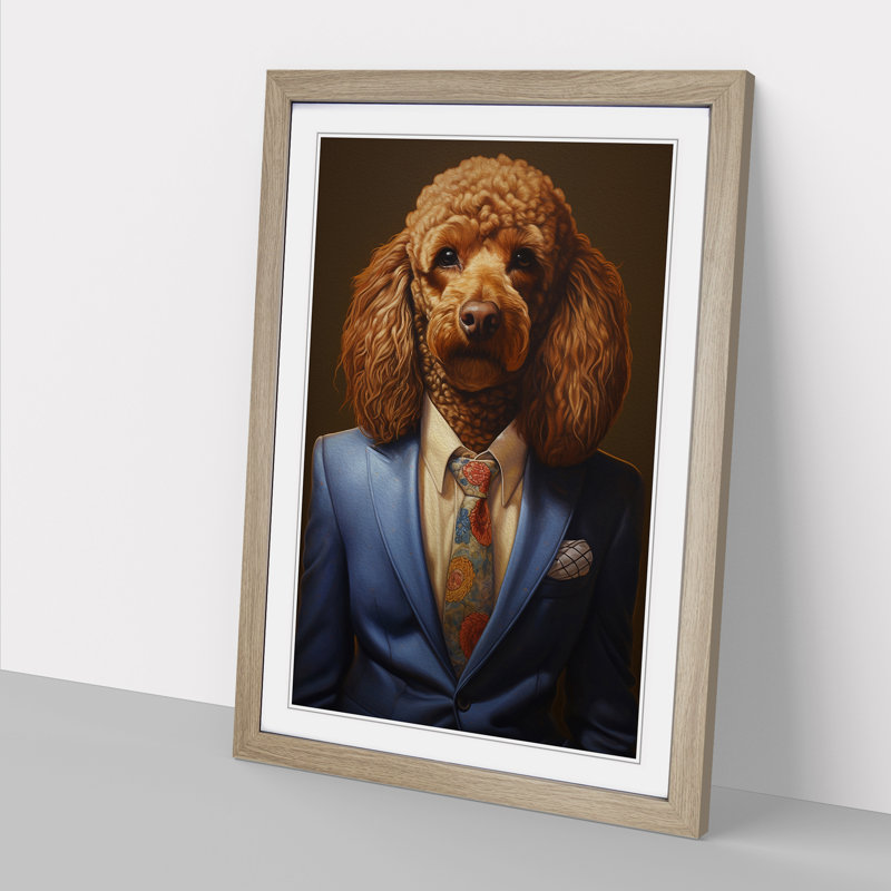 Poodle In A Suit - Single Picture Frame Print on Wood, Oak, 46cm H x 34cm W x 2cm D