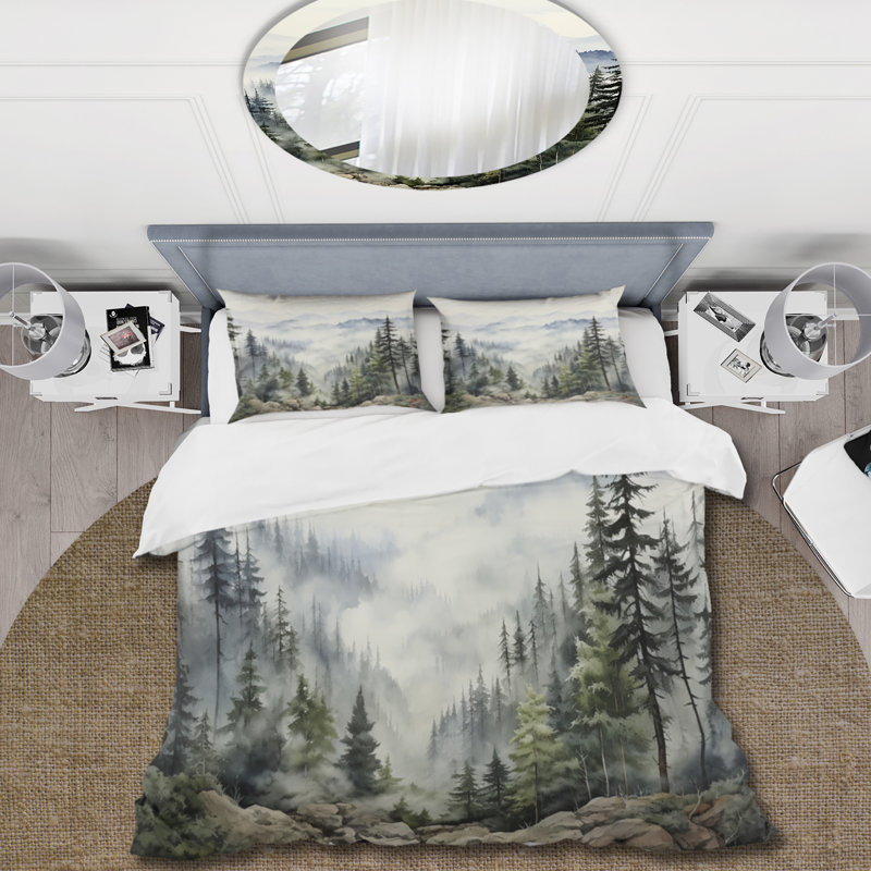 Pine Tree Misty Mountain I - Tree Pine Duvet Cover Set - Microfiber Polyester, Twin Duvet Cover + 1 Standard Sham