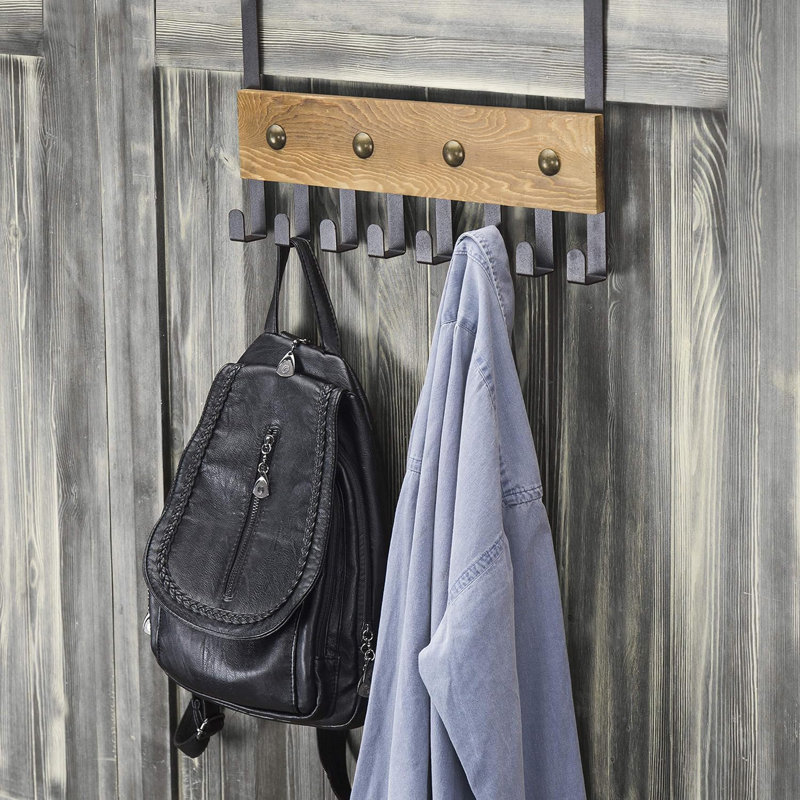 Porte-crochets au-dessus de la porte avec 8 crochets en métal - Porte-serviettes en bois brûlé rustique et en métal noir pour la salle de bain, la cuisine, la chambre à coucher ou le vestibule - Solution de rangement peu encombrante