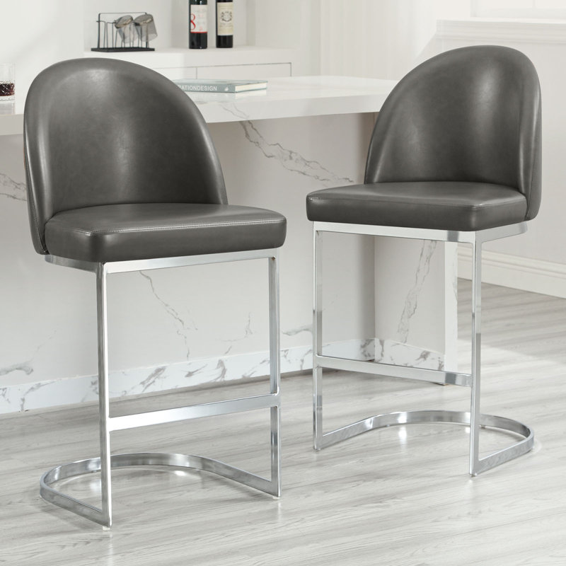 Upholstered Counter Stool with Metal Frame, Grey