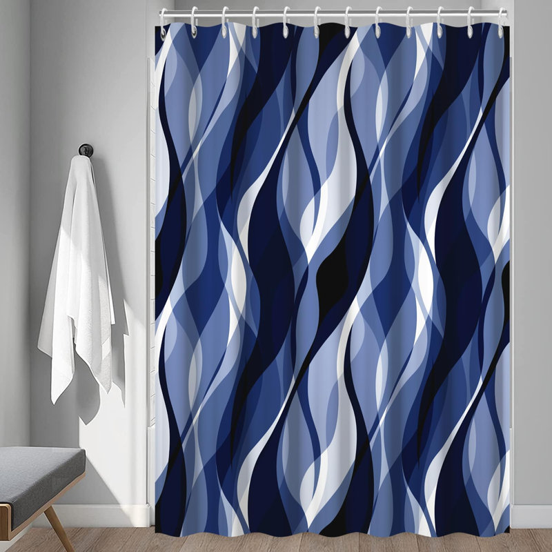 Navy Pack of 1 Modern Abstract Black and Grey Striped Shower Curtain Set with Hooks, 182.88"H x 91.44"W