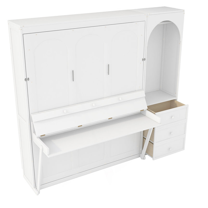 Grand lit escamotable avec tablette Stoarge, tringle à lumière DEL et 3 tiroirs, Blanc