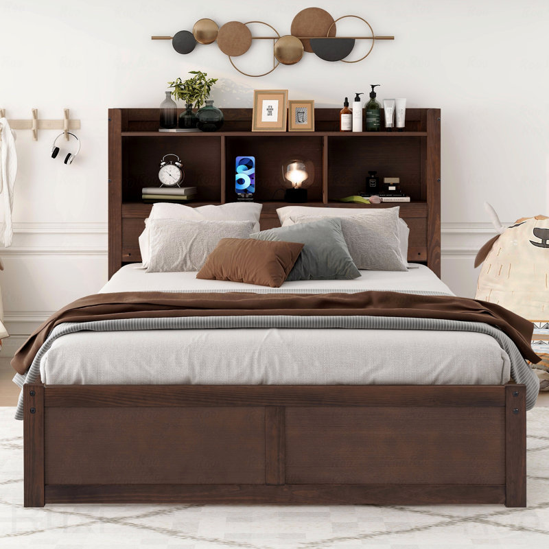 Structure de lit plateforme double avec rangement, tablettes coulissantes, lit gigogne, Brun