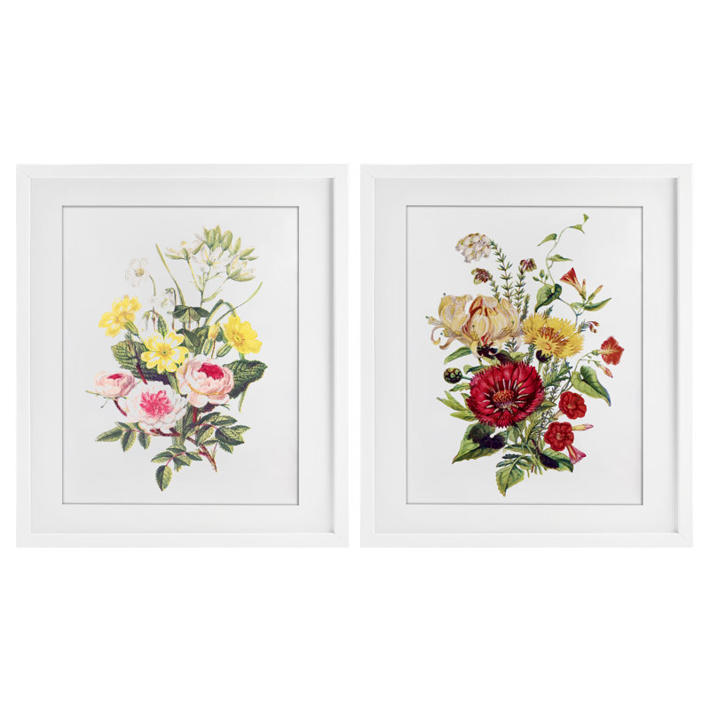 Mixed Flower Bushels, ensemble de 2 reproductions encadrées sous verre encadrées, H 16 po x l 13 po, Cadre blanc côtier